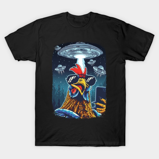 Rooster UFO Funny Chicken Meme Invasion Retro Alien T-Shirt by PunnyPoyoShop